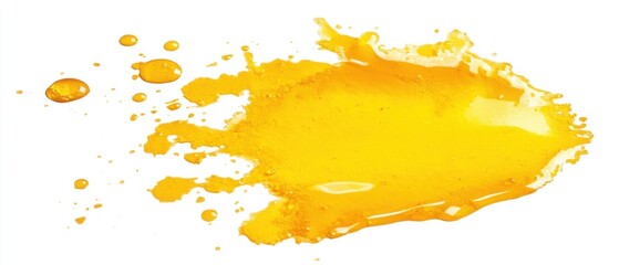 Aufkleber - Isolated Yellow Liquid Splatter on White Background Close Up Shot of a Vibrant Stain with Droplets and Textured Surface