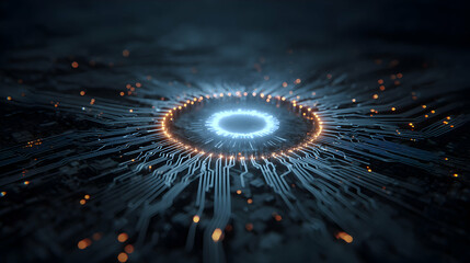 Poster - abstract digital technology background with glowing circuit board and central light ring