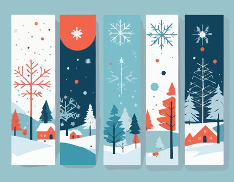 Bright winter geometric banner in flat style. Geometry minimalistic design with simple shapes and winter symbols, snowflake, christmas tree for flyer,web,poster,templates,cover design, label.Vector