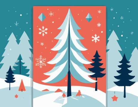 Bright winter geometric banner in flat style. Geometry minimalistic design with simple shapes and winter symbols, snowflake, christmas tree for flyer,web,poster,templates,cover design, label.Vector