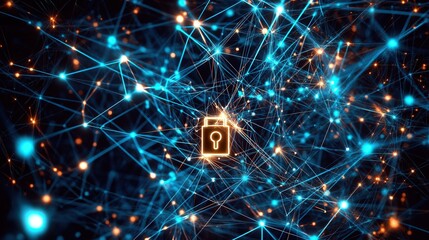 Poster - representing cyber security technology, with a digital lock surrounded by interconnected lines and glowing nodes, symbolizing data protection