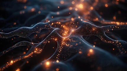 Poster - points connected by luminous lines, depicting the flow of information and neural network structures within AI technology