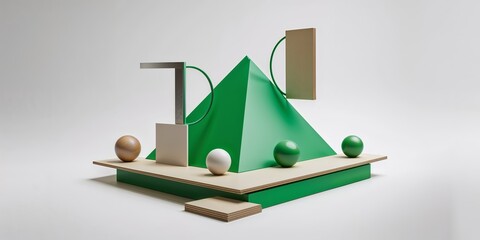 Poster - Modern geometric composition featuring green pyramid and minimalist shapes on a light background