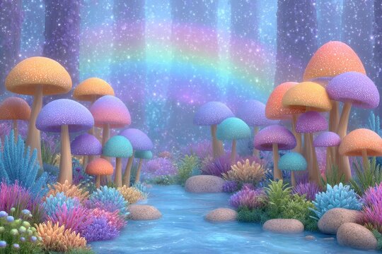 Whimsical Pastel Forest with Glowing Mushrooms and Rainbow