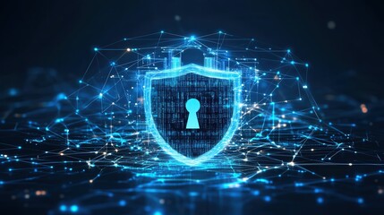 Poster - cyber security, with interconnected network lines forming a digital barrier, protecting data from potential threats with glowing security elements