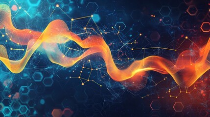 Poster - graphic design featuring swirling lines and interconnected polygons like hexagons and octagons, arranged in a dynamic and flowing way to evoke a sense of movement