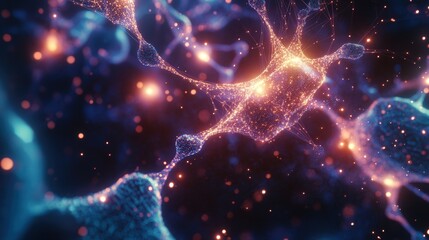 Poster - intricate network of glowing nodes and connecting lines, with AI technology concepts depicted through the digital connections that pulse and move fluidly