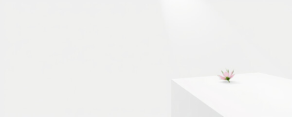 Poster - Minimalist white cube with small pink flower on top, symbolizing simplicity and calmness