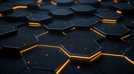 Poster - hexagonal connection points on a dark background, forming an intricate web of lines and data, illustrating how modern technology powers interconnected systems
