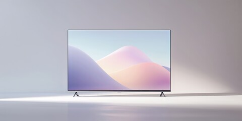 Poster - Modern television with soft mountain landscape display in minimalist interior design with natural lighting