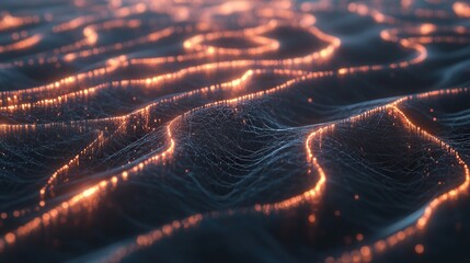 Poster - Interconnected nodes and lines in a 3D space, symbolizing AI technology concepts with dynamic lighting and fluid data transfer across the network