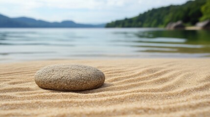 Poster - Serene Beach Scene Featuring Smooth Stone on Sand with Distant Mountains and Water in Natural Light