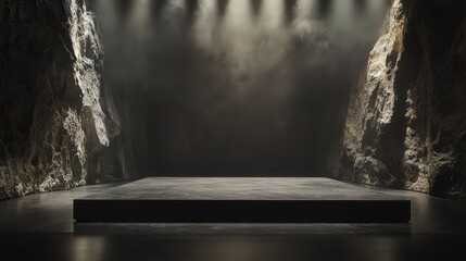 Poster - Positioned at the center of the stage, a black stone platform rests solidly, its dark color creating a stark contrast against the illuminated surroundings