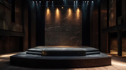 Poster - Positioned at the center of the stage, a black stone platform rests solidly, its dark color creating a stark contrast against the illuminated surroundings