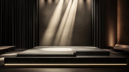 Poster - Positioned on the stage base, the black stone platform sleek surface catches the light, adding a touch of luxury to the minimalist stage design.