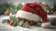 © Akun - Festive scene with Santa hat, pine cones, and ornaments on snowy ground, with a bokeh background suggesting holiday lights and snowfall