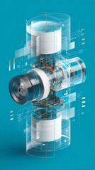 Poster - Modern camera internal structure in cylindrical sections on vibrant blue backdrop