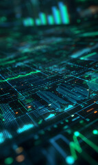 Poster - Abstract digital cityscape with glowing charts graphs and data streams creating a futuristic atmosphere