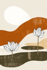 Poster - Minimalist Lotus Flowers in Abstract Landscape Illustration Art Print Style Neutral Colors