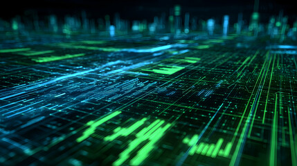 Poster - futuristic digital cityscape with glowing neon lines and interconnected networks representing data f