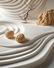 Poster - Zen garden scene with sand spheres and tree against white waves in studio shot minimalist aesthetic
