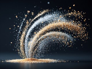 Poster - Golden and silver particles creating swirling motion in dark cosmic space