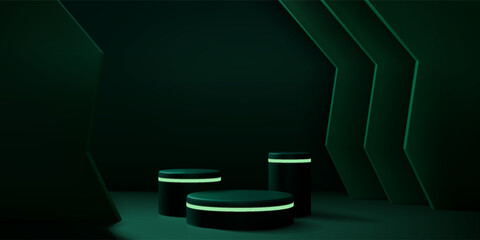 Poster - Green podium. 3D product display round platform in black dark stage. Futuristic cylinder pedestal render in technology neon light. Abstract show stand. Vector exhibition background