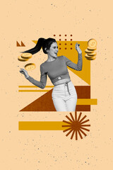 Poster - Art poster collage of person with flying coins on pastel background