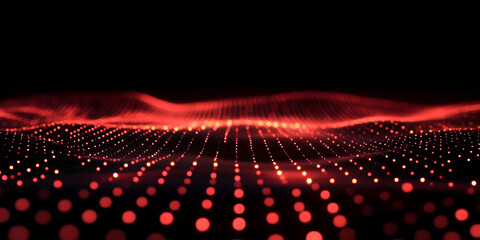 Poster - Red Light Waves in Abstract Digital Landscape with Dots and Glow