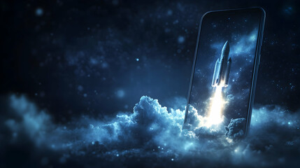 Rocket Launching From Smartphone in Cosmic Background Fantasy Scene