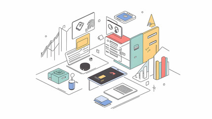 Poster - Modern Workspace Illustration with Technology and Data Analysis Elements