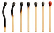© OMD - A series of seven matchsticks in varying stages from burnt to unlit, illustrating the lifecycle of a match on transparent background.