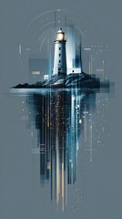 Poster - Abstract Lighthouse Beacon of Guidance and Hope in a Digital-Inspired Landscape