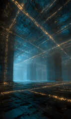 Poster - Abstract fractal cityscape with glowing lines and blue light emanating from a digital core