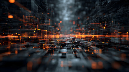 Poster - abstract digital cityscape with vibrant orange lights simulating a complex information network