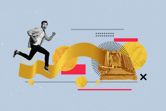 Trend surreal collage of person stand near golden typewriter machine on blue background