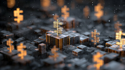 Poster - Golden dollar symbols floating above a futuristic metallic cityscape reflecting currency values growth