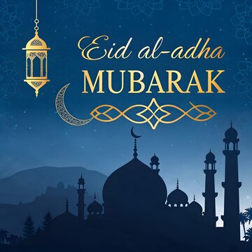 Eid al-Adha Mubarak Background with Islamic Calligraphy and Mosque

