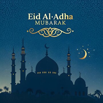 Festive Eid al-Adha Card Design with Blue Mosque and Golden Text

