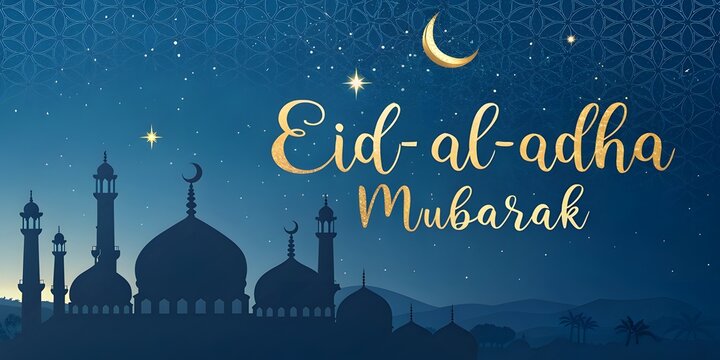 Gold Eid al-Adha Calligraphy on Mosque Silhouette in Rich Blue Theme

