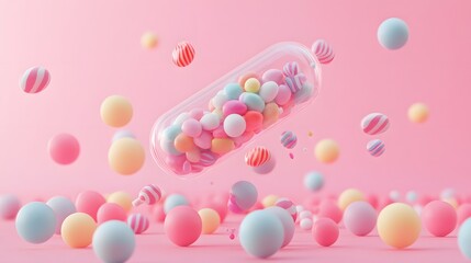 Poster - Colorful capsule filled with candies floating above a bed of candies.