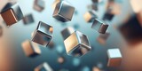 Floating metallic cubes in a soft gradient background.