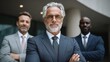 © Ірина Пальцева - Three confident businessmen in suits stand together. A silver-haired man smiles in the foreground, with his team behind him, exuding leadership and success.
