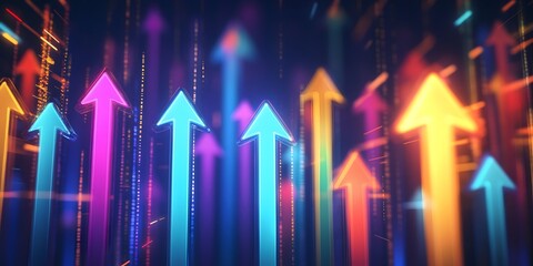 Poster - Multicolored upward trending arrows against a dark background.