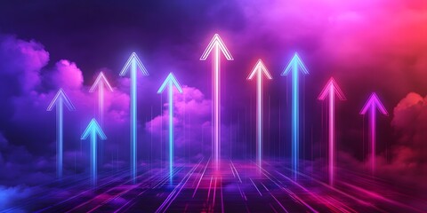 Poster - Neon upward arrows in vibrant colors against a colorful background.