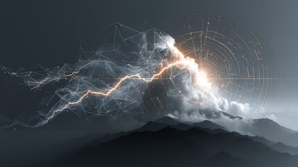 Poster - Digital storm amidst the mountains in a futuristic weather concept visualization