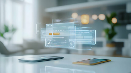 Poster - Futuristic Digital Interface with Touchscreen Devices and Data Overlay