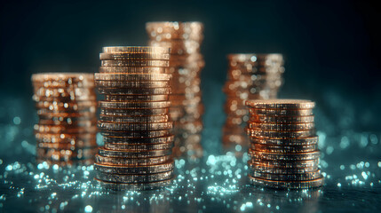 Poster - Stacks of shiny gold coins against a dark background representing wealth and prosperity