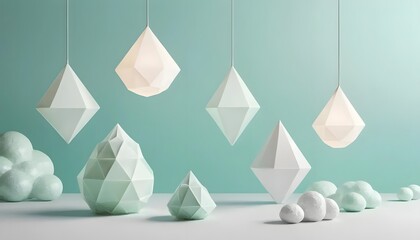 Poster - Geometric shapes and hanging lamps in a pastel studio setting with a light blue background