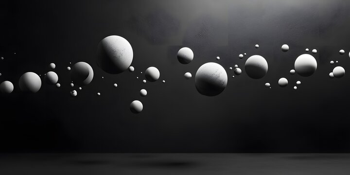 Floating spheres in a dark, minimalist setting.